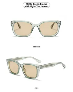 Detail of square sunglasses with sand green frosted frame and light tea lenses