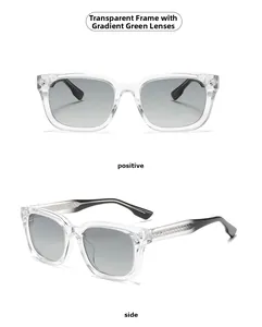 Front and side views of transparent square sunglasses with gradient green lenses