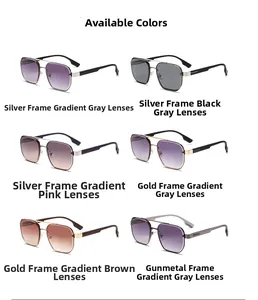 Detail of trendy rectangle metal sunglasses with iconic striped temples in six colors