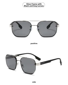 Front and side views of silver metal rectangular sunglasses with black polarized lenses