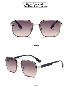 Close-up of silver aviator sunglasses with pink gradient lenses and striped temples
