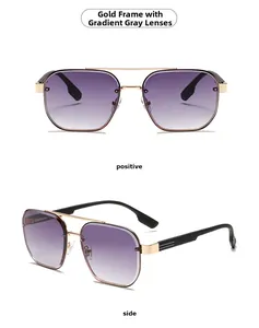 Detail view of gold double-bridge sunglasses with gradient grey lenses from front and side angles