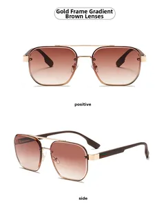 Detail view of gold square sunglasses with gradient brown lenses and stripe temple
