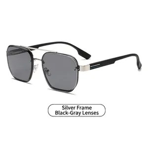 Modern narrow silver metal frame sunglasses with black-grey lenses for street style