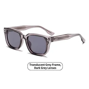Square transparent grey sunglasses with dark grey lenses and silver star rivet accents
