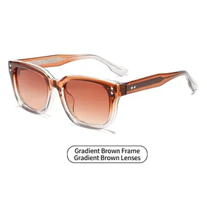 Square gradient tea sunglasses for men and women with stylish silver diamond rivets