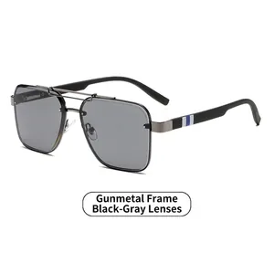Modern gunmetal narrow frame sunglasses with dark grey square lenses and double bridge