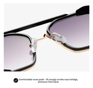 Detail of comfortable silicone nose pads and gradient purple lenses on metal sunglasses