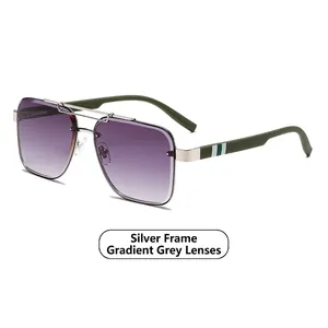 Modern narrow frame sunglasses with silver metal double bridge and gradient grey lenses