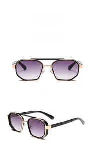 Front and 45-degree views of retro geometric metal sunglasses with black gold frames