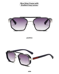 Detail of geometric metal sunglasses with blue-silver frame and grey gradient lenses