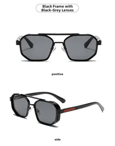 Front and side view of modern black polygon metal sunglasses with dark gray lenses