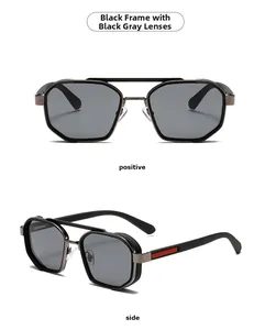Front and side view of retro polygon metal sunglasses with dark gray lenses and red accents