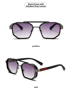 Close-up of gunmetal polygon sunglasses with double bridge and red temple detail