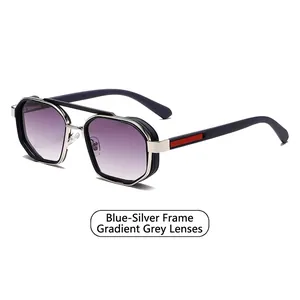 Modern aviator sunglasses with silver-blue metal frame and gradient grey lenses