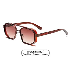 Retro octagonal metal sunglasses with gradient tea lenses and tea translucent frames