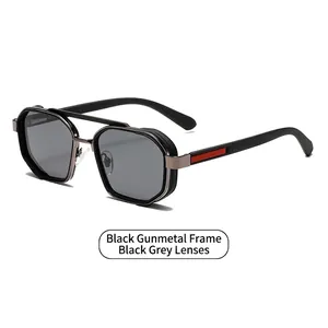 Modern retro hexagonal metal sunglasses with double bridge and dark grey lenses