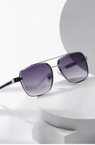 Detailed view of silver metal temples and purple gradient lenses on retro sunglasses