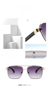 Detail of pilot sunglasses with purple gradient lenses and gold metallic frame