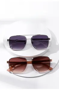 Detail of metal double-bridge sunglasses with gradient lenses and temple specifications