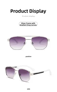 Front and side views of silver metal aviator sunglasses with purple gradient lenses
