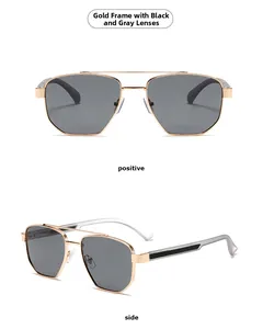 Front and side views of slim gold geometric frame sunglasses with dark grey lenses