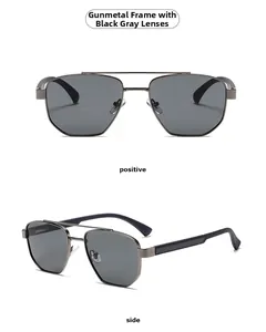 Detail view of gunmetal double bridge frames and dark grey lenses for aviator sunglasses