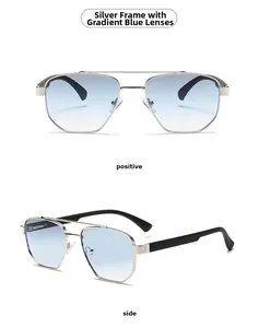 Detailed front and side views of silver metal sunglasses with gradient blue lenses