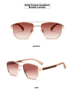 Detail of narrow gold metal frame sunglasses with gradient tea lenses in dual views