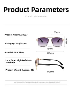 Size guide for ZTT037 retro sunglasses showing dimensions and technical specifications