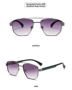 Narrow frame pilot sunglasses with gunmetal double bridge and purple-grey gradient lenses