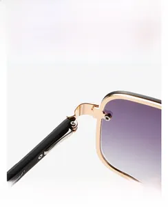Macro view of durable metal hinges and purple gradient lenses on retro slim sunglasses