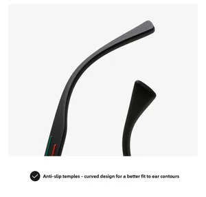 Detail of matte black ergonomic anti-slip sunglasses temple with red and green stripes