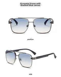 Macro view of gunmetal aviator frame with gradient blue lenses and dual-bridge detail