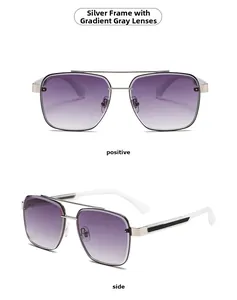 Detail view of silver metal square pilot sunglasses with purple gradient lenses and dual bridge