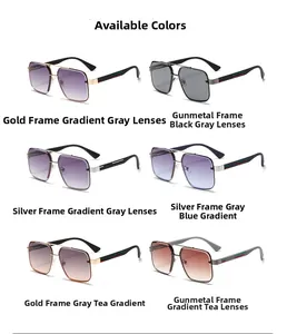 Detailed grid of retro square aviator sunglasses with metal frames and gradient lenses