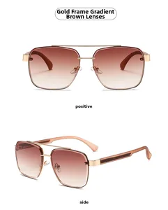 Front and side view of gold square aviator sunglasses with gradient tea lenses