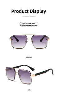 Detail of square gold metal sunglasses with gradient lenses and striped temples