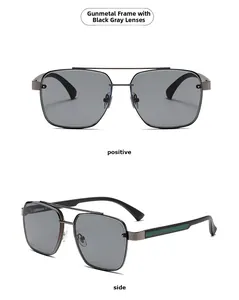 Detail of gunmetal sunglasses frame with classic red and green striped temple accents
