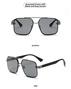 Detail of pilot sunglasses with gunmetal frame and signature red-green temple stripes