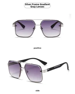 Detail view of silver metal sunglasses with gradient grey lenses and black temples