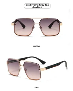 Detail view of gold frame sunglasses with gradient grey tea lenses and striped temples