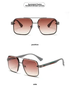Detail of gunmetal pilot sunglasses with gradient tea lenses and striped temples