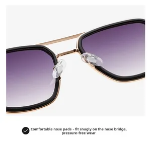 Macro detail of golden metal double bridge sunglasses with soft silicone nose pads