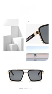 Detail of modern square frame sunglasses with golden metal bridge and color-blocked arms