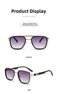 Detail of black gold sunglasses with gradient grey lenses and striped temple accents