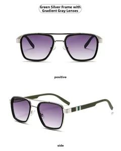 Macro view of retro double-bridge sunglasses with green frames and gradient grey lenses