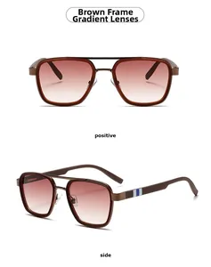 Detail of retro pilot sunglasses with double bridge and gradient tea brown lenses