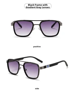 Front and side views of vintage square sunglasses with gunmetal frame and gradient grey lens
