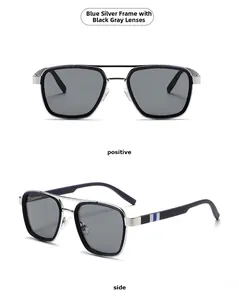 Close-up of narrow silver metal pilot sunglasses with blue accents and dark grey lenses